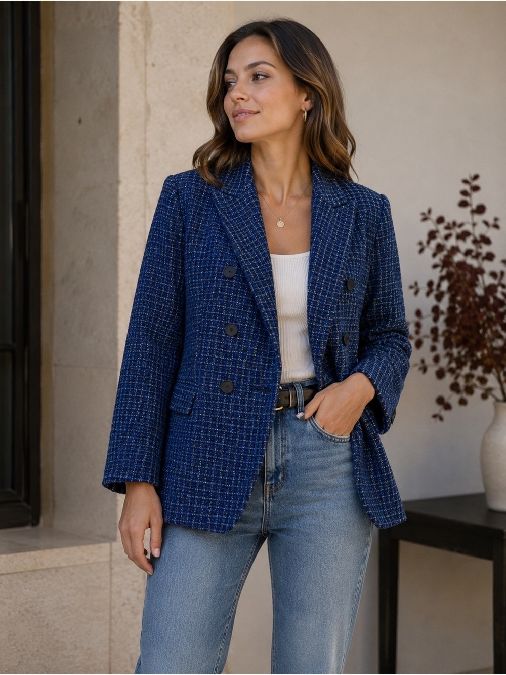 Vintage Louben Petites Elegant Blue Boucle Wool Blend Blazer XL or XXL 80s 90s